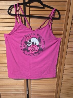 Beautiful Disaster Women's Pink Skull & Roses Strappy Tank Top